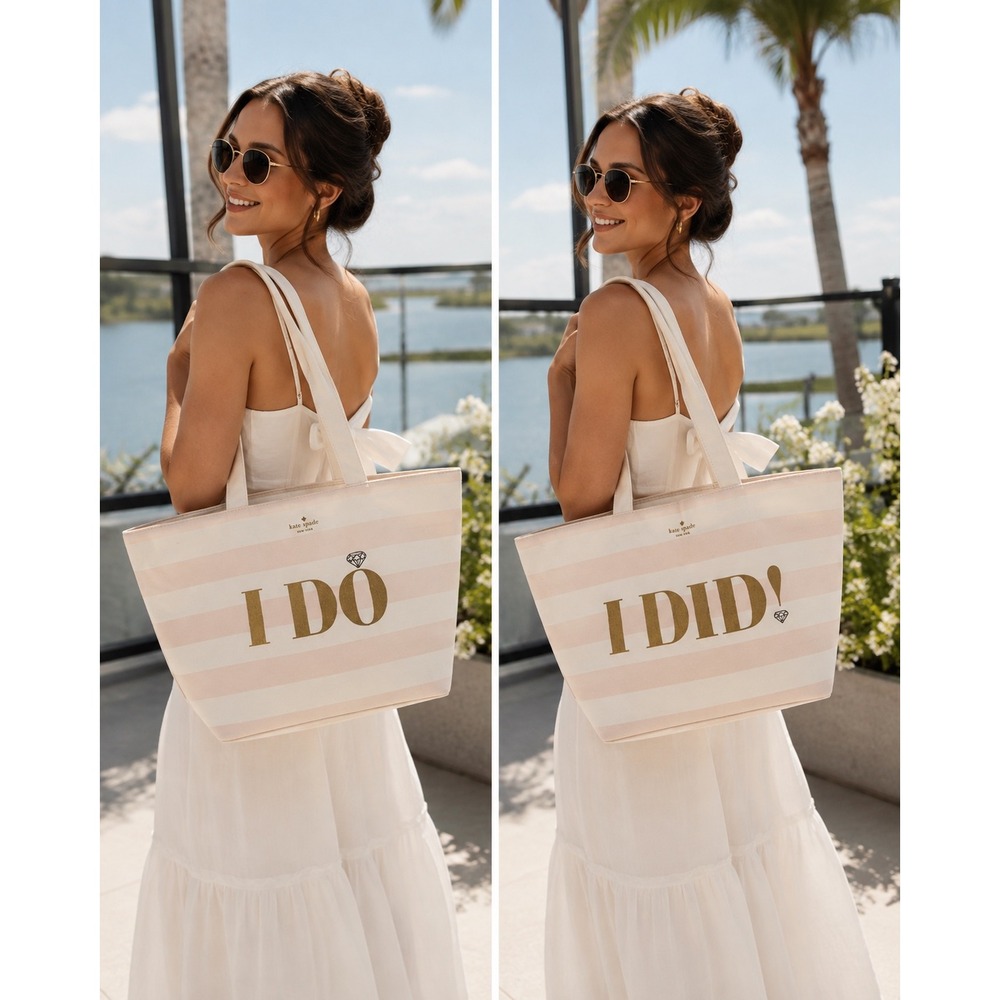Kate Spade Wedding Belles I Do I Did Striped Canvas Tote Bag Bride Bachelorette